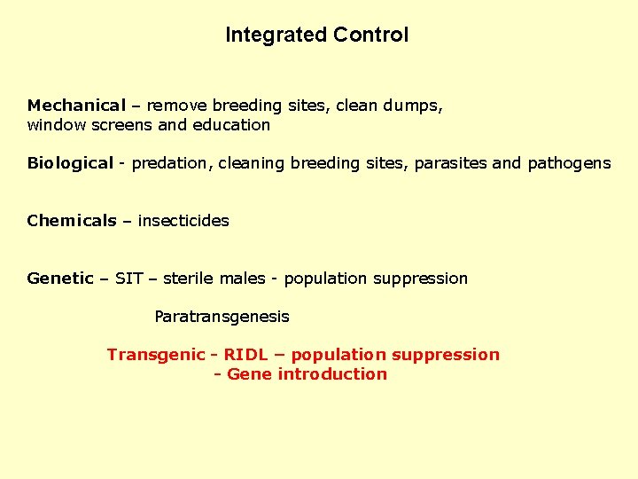 Integrated Control Mechanical – remove breeding sites, clean dumps, window screens and education Biological