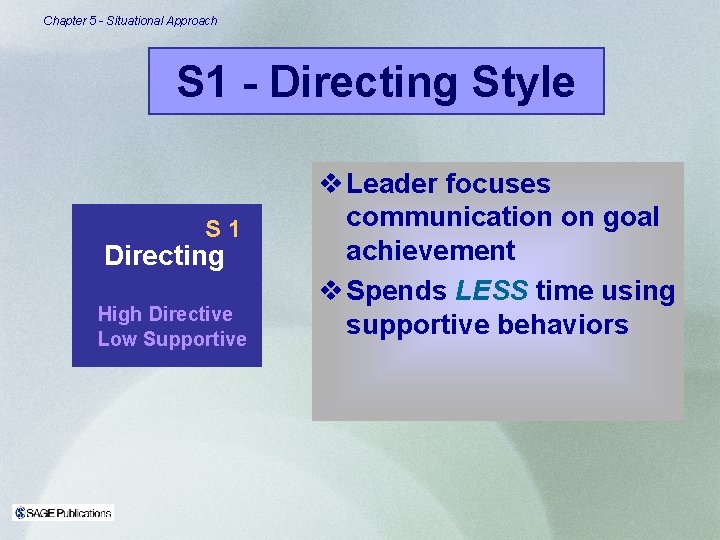 Chapter 5 - Situational Approach S 1 - Directing Style S 1 Directing High