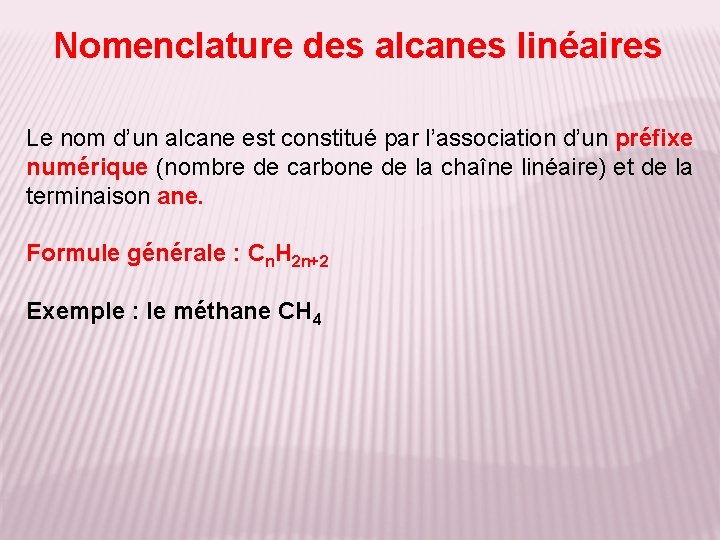 Nomenclature des alcanes linéaires Le nom d’un alcane est constitué par l’association d’un préfixe