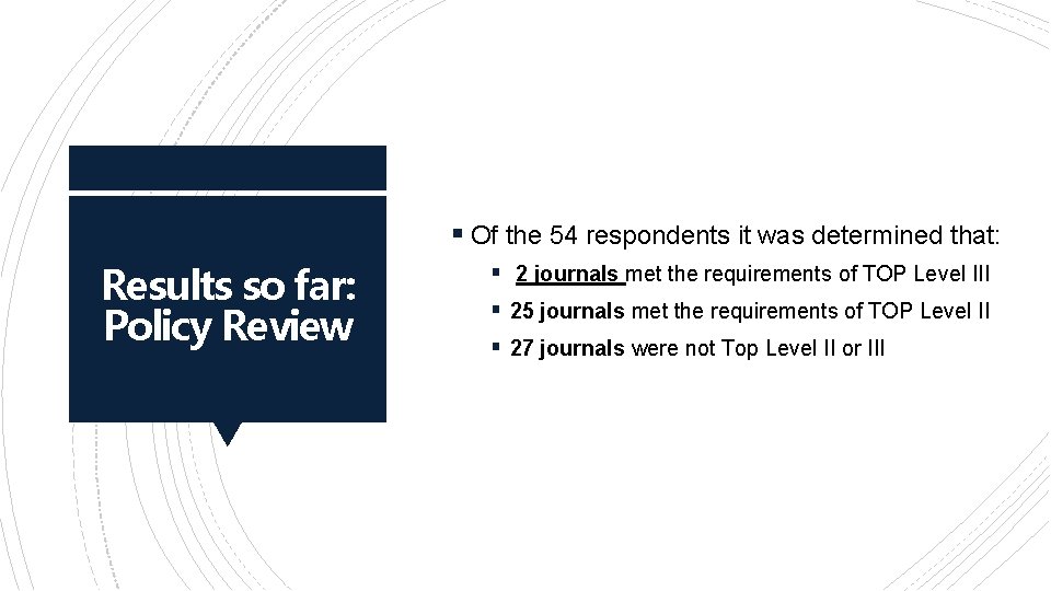 § Of the 54 respondents it was determined that: Results so far: Policy Review