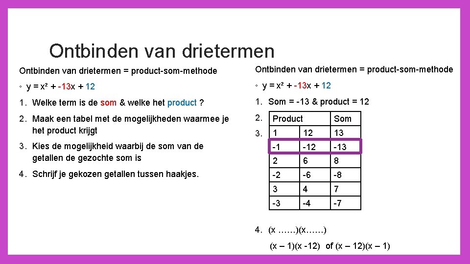 Ontbinden van drietermen = product-som-methode ◦ y = x² + -13 x + 12