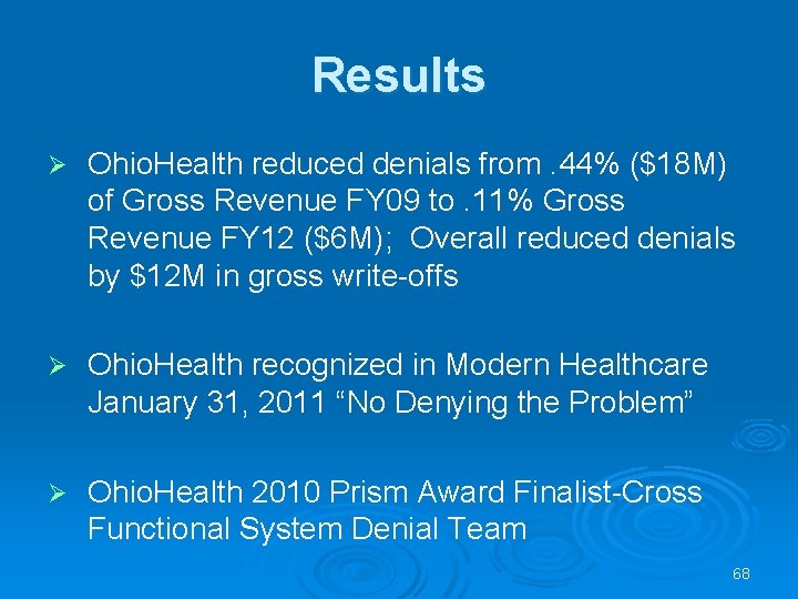 Results Ø Ohio. Health reduced denials from. 44% ($18 M) of Gross Revenue FY Results Ø Ohio. Health reduced denials from. 44% ($18 M) of Gross Revenue FY