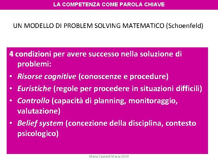 LA COMPETENZA COME PAROLA CHIAVE UN MODELLO DI PROBLEM SOLVING MATEMATICO (Schoenfeld) 4 condizioni