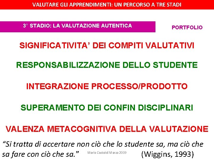 VALUTARE GLI APPRENDIMENTI: UN PERCORSO A TRE STADI 3° STADIO: LA VALUTAZIONE AUTENTICA PORTFOLIO