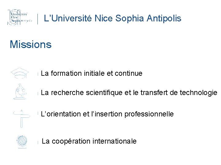 L’Université Nice Sophia Antipolis Missions La formation initiale et continue La recherche scientifique et