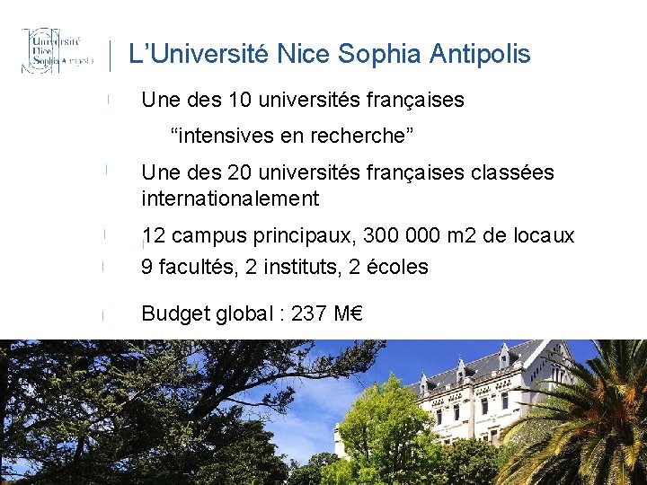 L’Université Nice Sophia Antipolis Une des 10 universités françaises “intensives en recherche” Une des