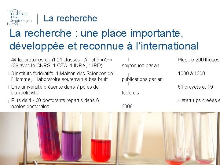 La recherche : une place importante, développée et reconnue à l’international 44 laboratoires don’t