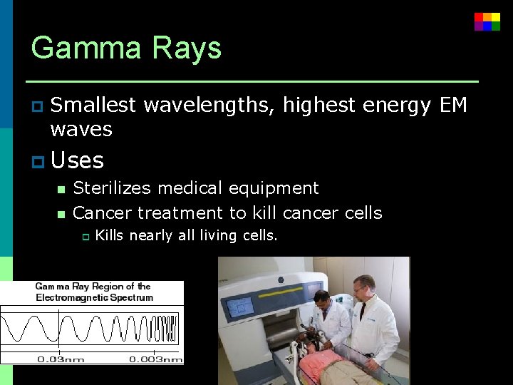Gamma Rays p Smallest wavelengths, highest energy EM waves p Uses n Sterilizes medical