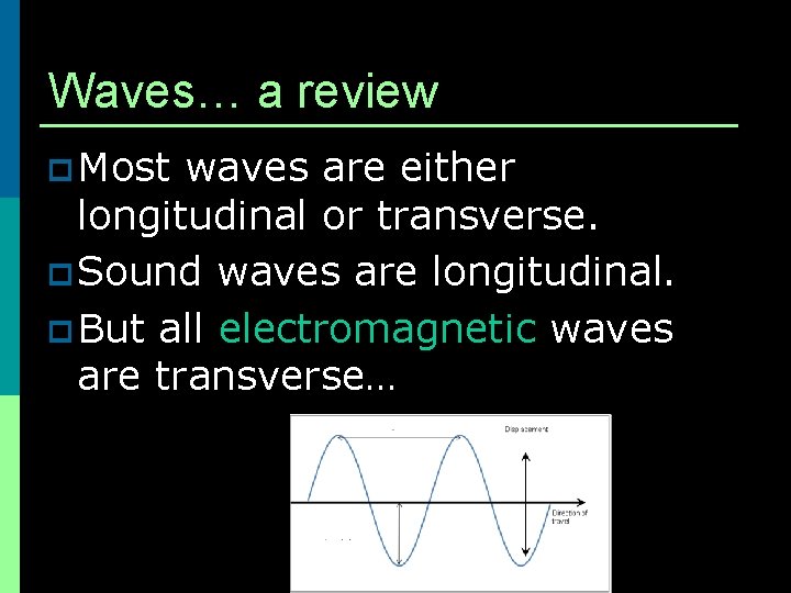 Waves… a review p Most waves are either longitudinal or transverse. p Sound waves