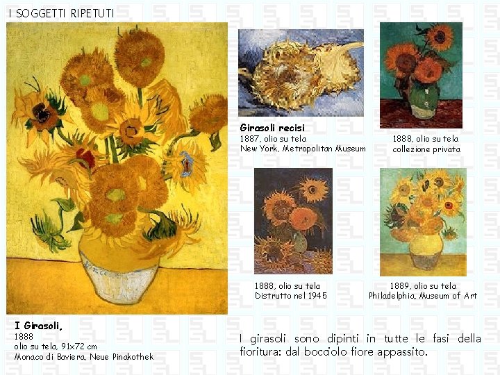 I SOGGETTI RIPETUTI Girasoli recisi 1887, olio su tela New York, Metropolitan Museum 1888,