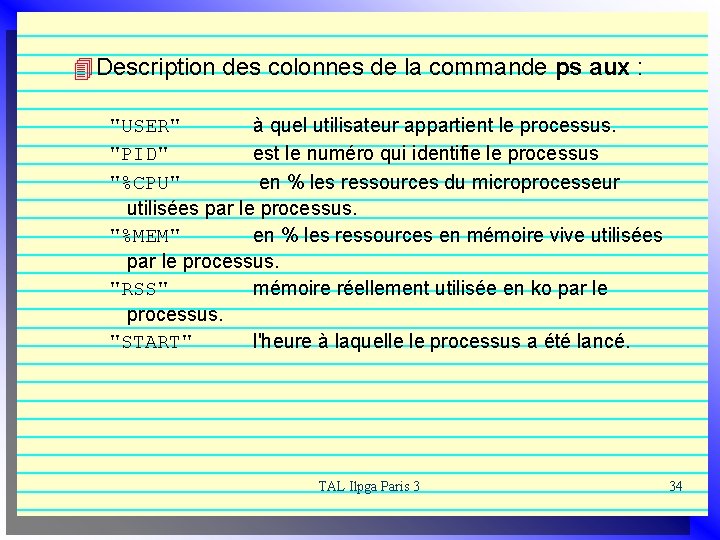 4 Description des colonnes de la commande ps aux : "USER" à quel utilisateur