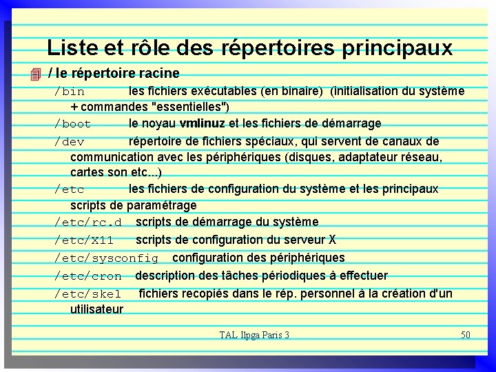 Liste et rôle des répertoires principaux 4 / le répertoire racine /bin les fichiers