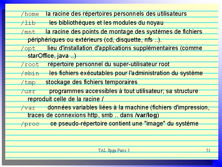 /home la racine des répertoires personnels des utilisateurs /lib les bibliothèques et les modules