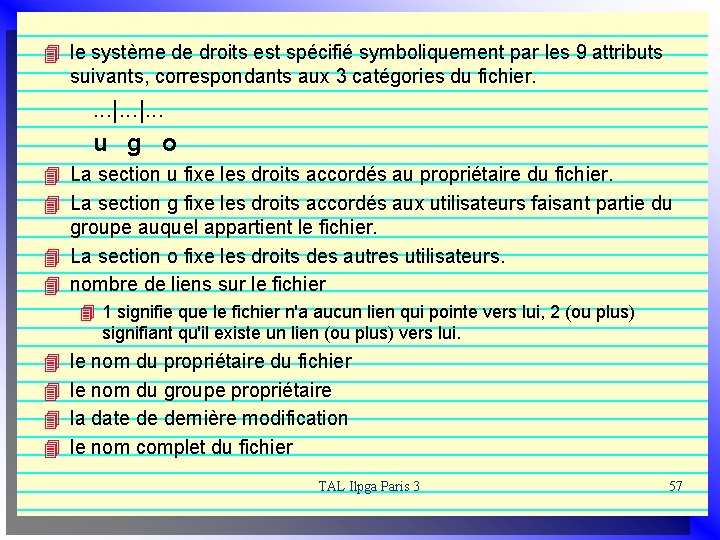 4 le système de droits est spécifié symboliquement par les 9 attributs suivants, correspondants