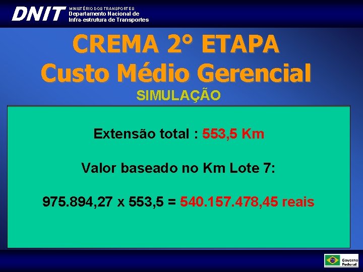 DNIT MINISTÉRIO DOS TRANSPORTES Departamento Nacional de Infra-estrutura de Transportes CREMA 2° ETAPA Custo