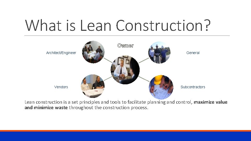 What is Lean Construction? Owner Architect/Engineer General Vendors Subcontractors Lean construction is a set