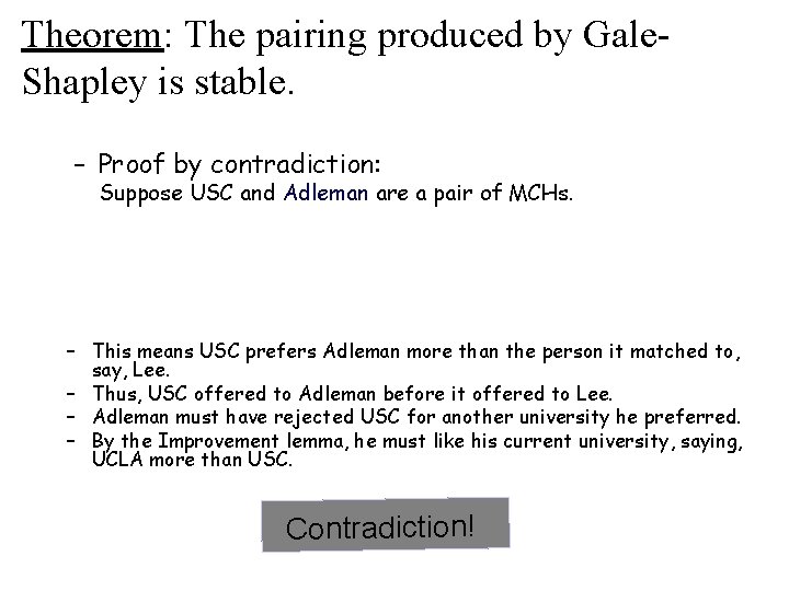 Theorem: The pairing produced by Gale. Shapley is stable. – Proof by contradiction: Suppose