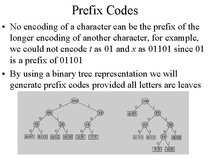 Prefix Codes • No encoding of a character can be the prefix of the