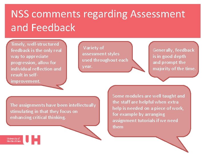 NSS comments regarding Assessment and Feedback Timely, well-structured feedback is the only real way