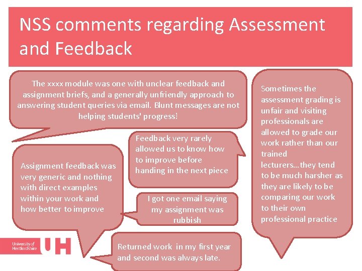 NSS comments regarding Assessment and Feedback The xxxx module was one with unclear feedback