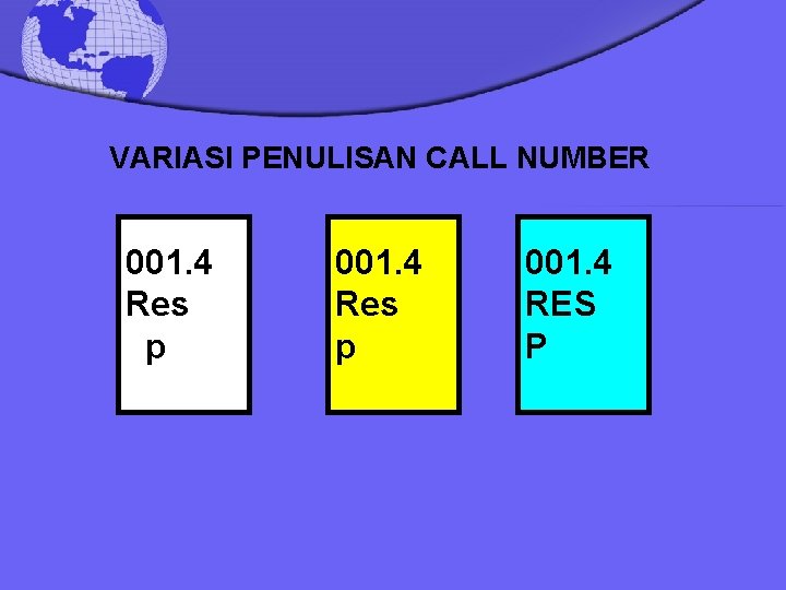 VARIASI PENULISAN CALL NUMBER 001. 4 Res p 001. 4 RES P 