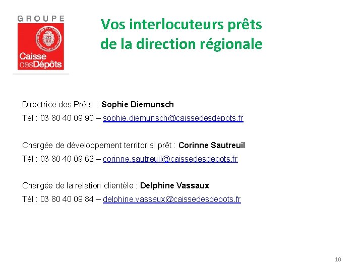 Vos interlocuteurs prêts de la direction régionale Directrice des Prêts : Sophie Diemunsch Tel
