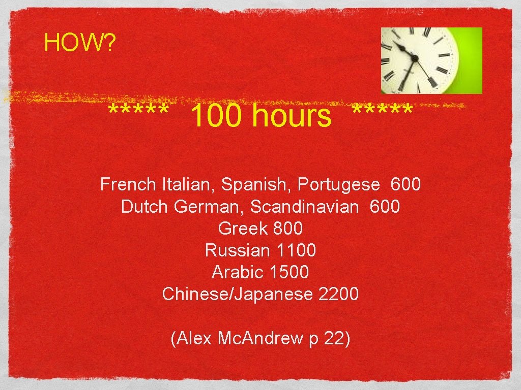 HOW? ***** 100 hours ***** French Italian, Spanish, Portugese 600 Dutch German, Scandinavian 600