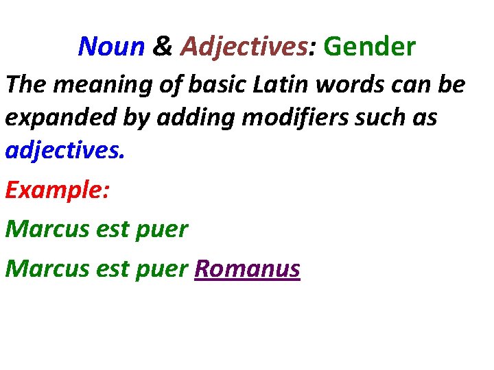 Noun & Adjectives: Gender The meaning of basic Latin words can be expanded by Noun & Adjectives: Gender The meaning of basic Latin words can be expanded by