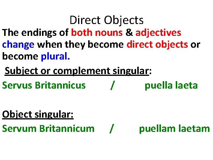 Direct Objects The endings of both nouns & adjectives change when they become direct Direct Objects The endings of both nouns & adjectives change when they become direct