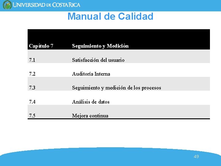 Manual de Calidad Capítulo 7 Seguimiento y Medición 7. 1 Satisfacción del usuario 7. Manual de Calidad Capítulo 7 Seguimiento y Medición 7. 1 Satisfacción del usuario 7.