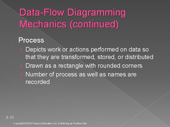 Data-Flow Diagramming Mechanics (continued) Process › Depicts work or actions performed on data so