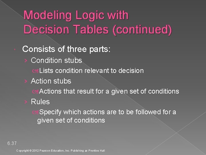 Modeling Logic with Decision Tables (continued) Consists of three parts: › Condition stubs Lists