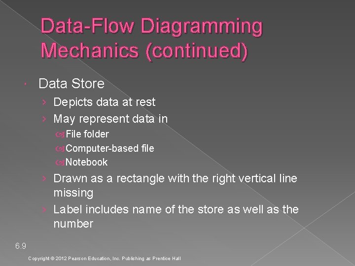 Data-Flow Diagramming Mechanics (continued) Data Store › Depicts data at rest › May represent