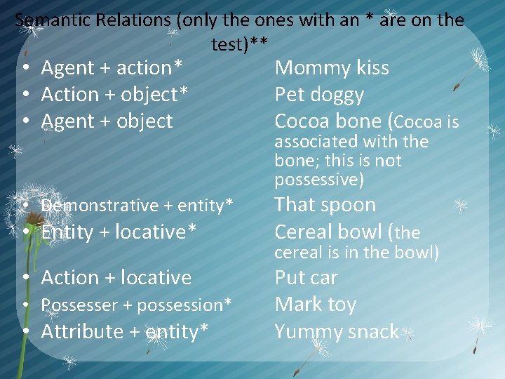 Semantic Relations (only the ones with an * are on the test)** • Agent