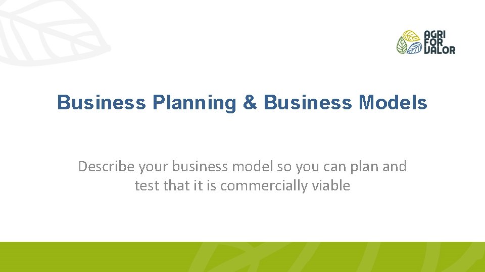 Business Planning & Business Models Describe your business model so you can plan and