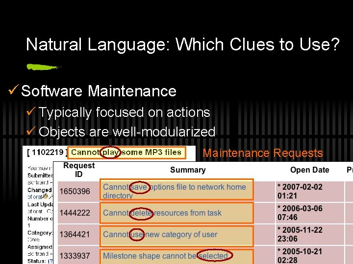 Natural Language: Which Clues to Use? ü Software Maintenance ü Typically focused on actions