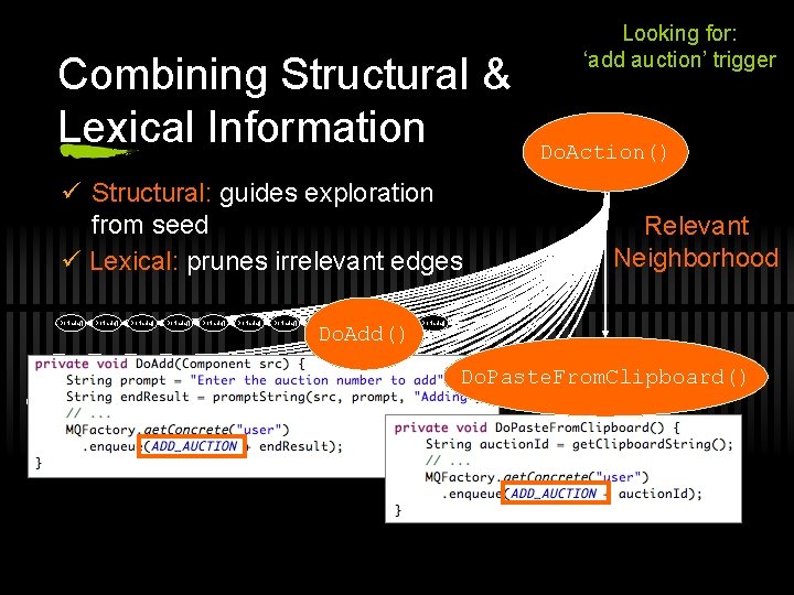 Combining Structural & Lexical Information ü Structural: guides exploration from seed ü Lexical: prunes