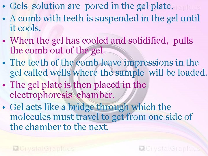  • Gels solution are pored in the gel plate. • A comb with