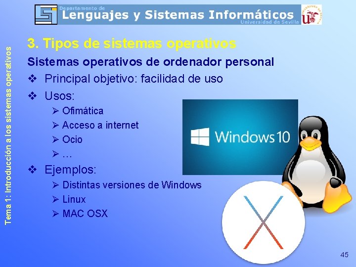 Tema 1: Introducción a los sistemas operativos 3. Tipos de sistemas operativos Sistemas operativos