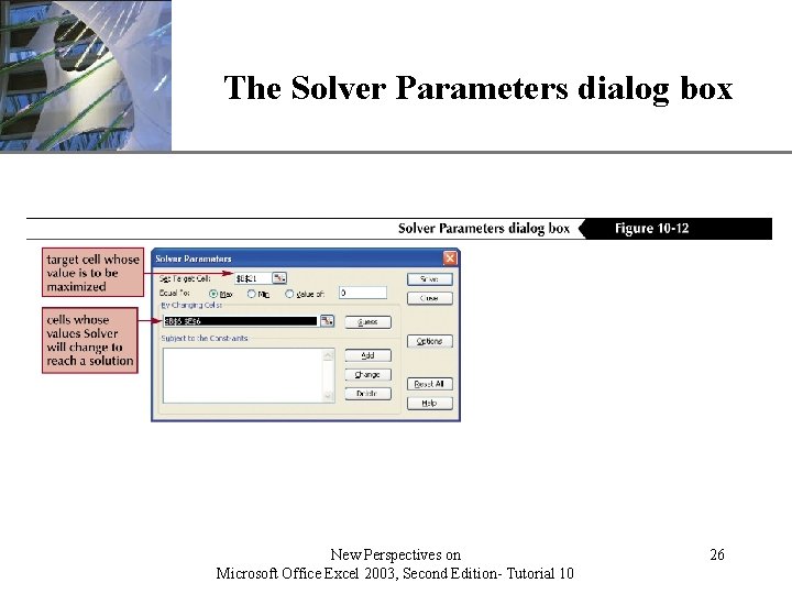 XP The Solver Parameters dialog box New Perspectives on Microsoft Office Excel 2003, Second
