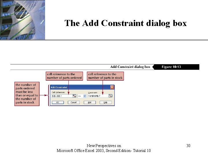 The Add Constraint dialog box New Perspectives on Microsoft Office Excel 2003, Second Edition-