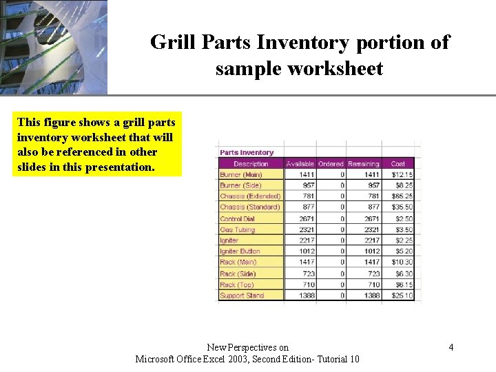 Grill Parts Inventory portion of XP sample worksheet This figure shows a grill parts