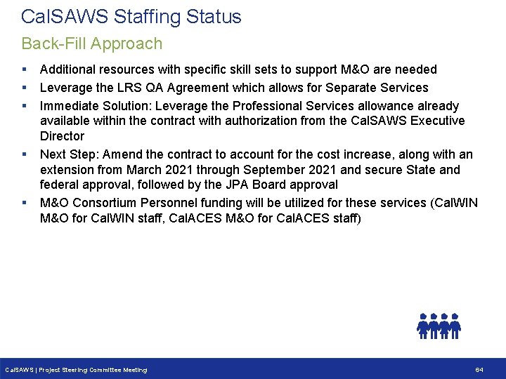 Cal. SAWS Staffing Status Back-Fill Approach § § § Additional resources with specific skill Cal. SAWS Staffing Status Back-Fill Approach § § § Additional resources with specific skill