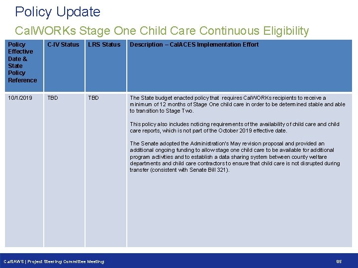 Policy Update Cal. WORKs Stage One Child Care Continuous Eligibility Policy Effective Date & Policy Update Cal. WORKs Stage One Child Care Continuous Eligibility Policy Effective Date &
