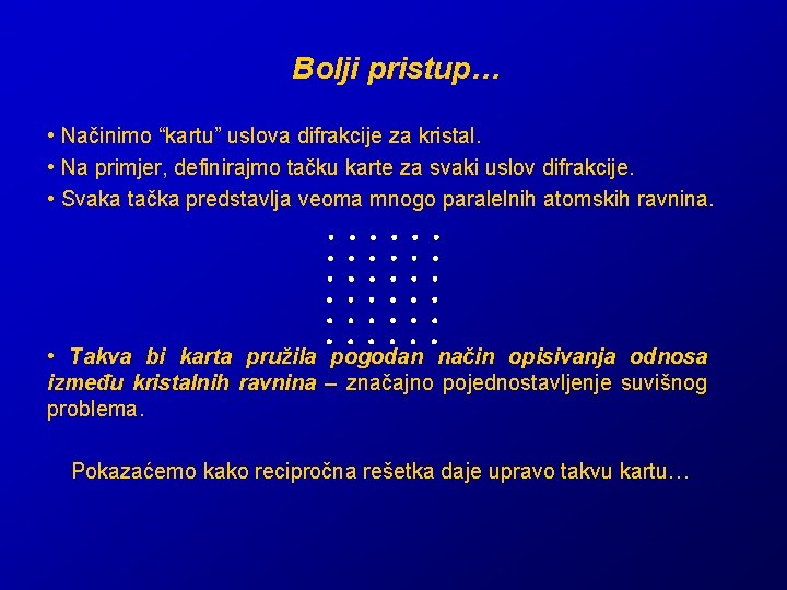 Bolji pristup… • Načinimo “kartu” uslova difrakcije za kristal. • Na primjer, definirajmo tačku Bolji pristup… • Načinimo “kartu” uslova difrakcije za kristal. • Na primjer, definirajmo tačku