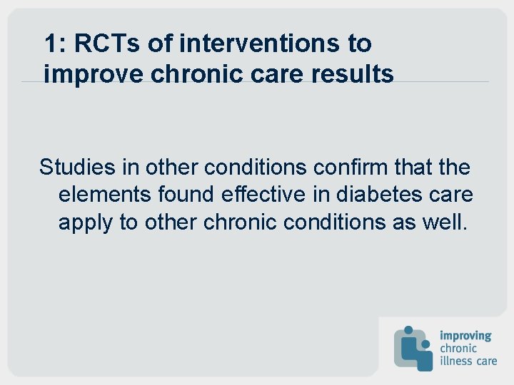 1: RCTs of interventions to improve chronic care results Studies in other conditions confirm 1: RCTs of interventions to improve chronic care results Studies in other conditions confirm