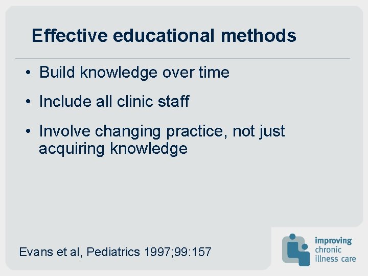 Effective educational methods • Build knowledge over time • Include all clinic staff • Effective educational methods • Build knowledge over time • Include all clinic staff •