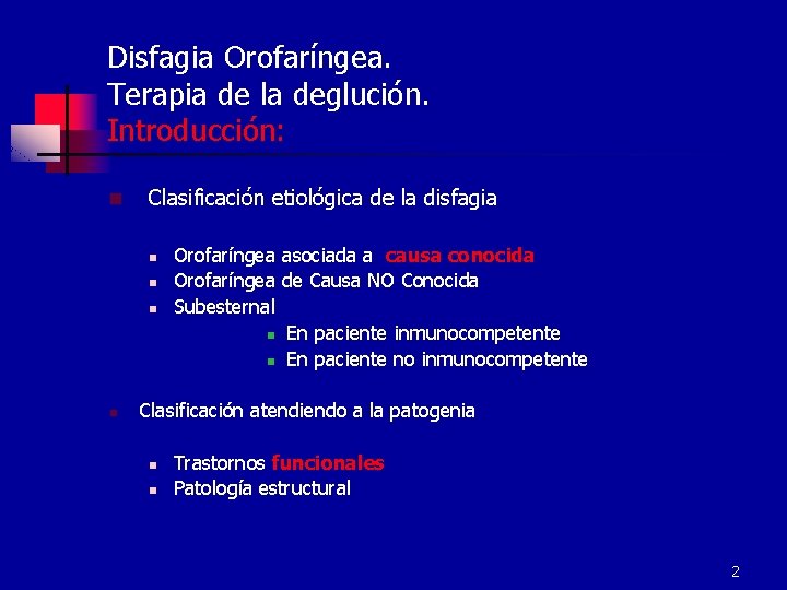 Disfagia Orofaríngea. Terapia de la deglución. Introducción: n Clasificación etiológica de la disfagia n