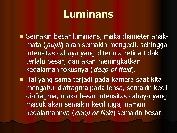 Luminans Semakin besar luminans, maka diameter anakmata (pupil) akan semakin mengecil, sehingga intensitas cahaya