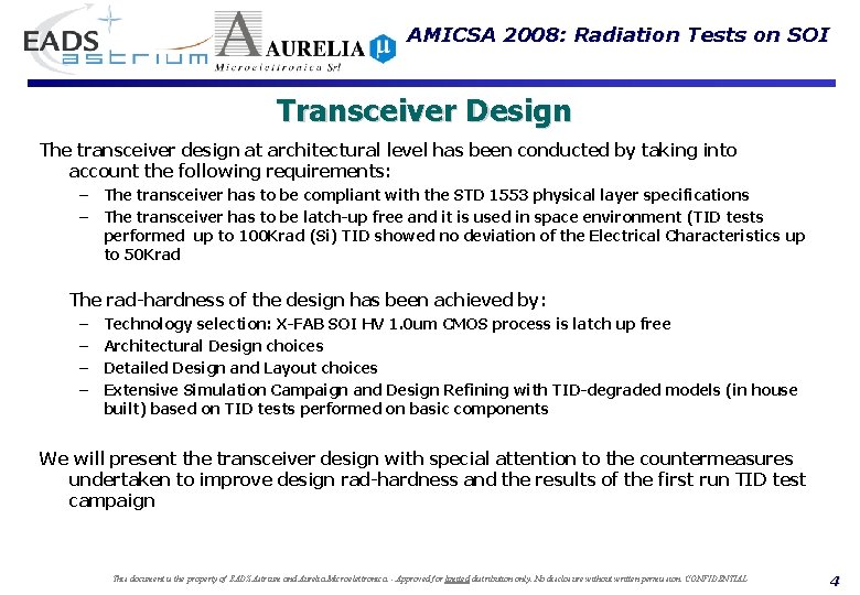 AMICSA 2008: Radiation Tests on SOI Transceiver Design The transceiver design at architectural level